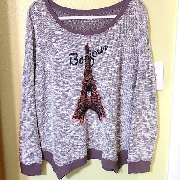 Jessica Simpson Sweater with Bonjour & Eifel Tower on front, Size Junior Plus 1X - Picture 2 of 8
